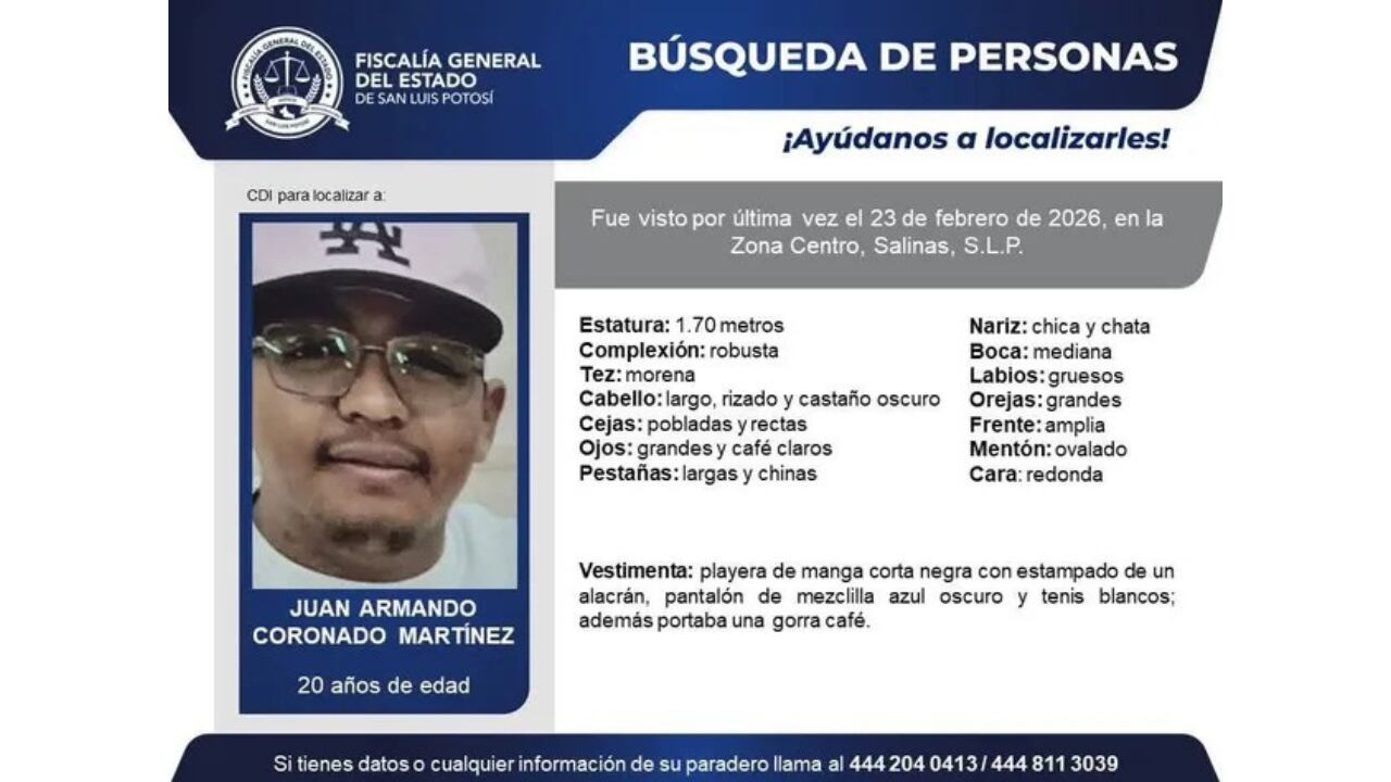 ¿Lo has visto? Buscan a joven desaparecido tras ser visto en la Zona Centro de Salinas