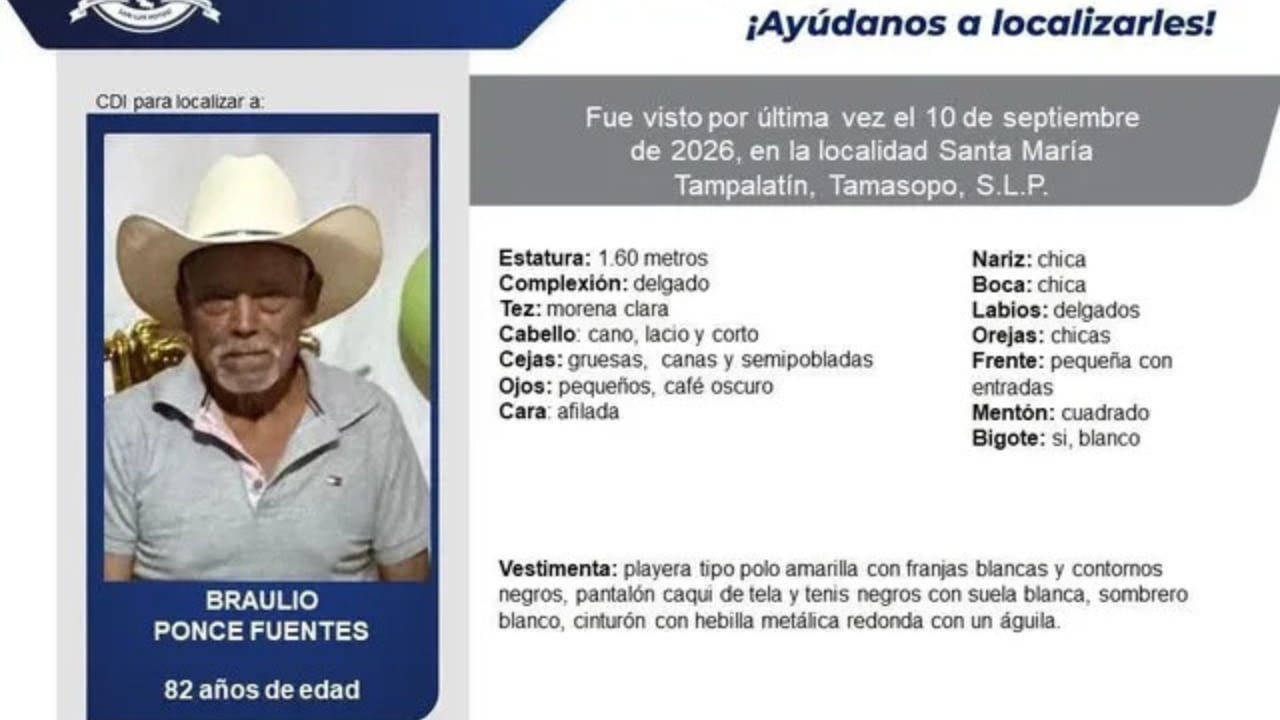 ¿Lo has visto? Emiten ficha de búsqueda para localizar a un hombre de 82 años en San Luis Potosí